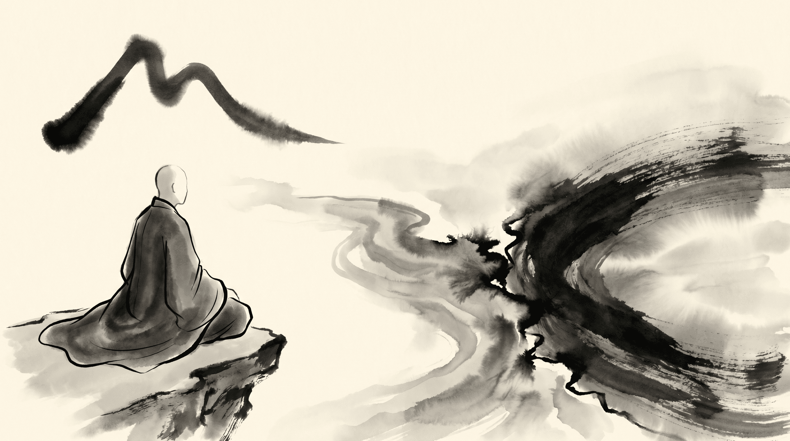 Illustration sumi-e à l'encre : deux courants d'encre en équilibre.